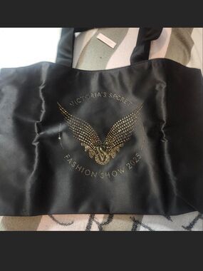 Victoria's Secret Black Satin Tote with Gold Wing Detail